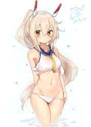 Rule 34 | 1girl, absurdres, arm behind back, armpits, artist name, ayanami (azur lane), azur lane, blush, breasts, brown eyes, brown hair, crop top, dated, groin, hair ornament, hairclip, headgear, highres, long hair, navel, no pants, panties, panty pull, ponytail, pulling own clothes, sailor collar, seboneko, shirt, signature, simple background, sleeveless, sleeveless shirt, small breasts, solo, thighs, underwear, very long hair, wading, water, white background, white panties, white shirt