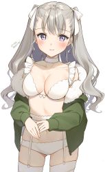 Rule 34 | 1girl, bare shoulders, blue eyes, blush, bra, breasts, choker, cleavage, closed mouth, collarbone, commentary request, cowboy shot, frilled bra, frills, fur-trimmed jacket, fur trim, garter belt, green jacket, hair ribbon, highres, jacket, kinako (shiratama mochi), long hair, long sleeves, looking at viewer, medium breasts, navel, off shoulder, open clothes, open jacket, original, panties, ribbon, sidelocks, silver hair, simple background, solo, standing, stomach, thighhighs, twitter username, two side up, underwear, wavy hair, white background, white bra, white choker, white panties, white ribbon, white thighhighs