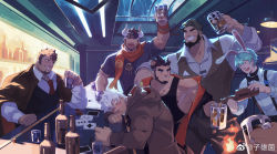 Rule 34 | 6+boys, absurdres, alca (wakatanka4), animal ears, antonio (gyee), bara, beard, black hair, black tank top, black vest, blush, bottle, character request, dice, drunk, facial hair, fake animal ears, formal, grin, gyee, highres, jacket, jacket on shoulders, large pectorals, lion boy, lion ears, lion tail, long sideburns, male focus, male playboy bunny, mature male, multiple boys, muscular, muscular male, necktie, nipple slip, nipples, off shoulder, official art, pectoral cleavage, pectorals, poker chip, poker table, rabbit ears, red eyes, red necktie, short hair, sideburns, sidepec, single bare shoulder, sleeping, smile, spiked hair, suspenders, table, tail, tank top, thick eyebrows, vest, zixiong zix