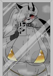 Rule 34 | 1girl, animal ears, areola slip, bikini, blush, breasts, chestnut mouth, collar, female focus, furry, furry female, gold bikini, grey background, half-closed eyes, head tilt, helluva boss, highres, holding, holding phone, huge breasts, looking at viewer, loona (helluva boss), micro bikini, mirror, monochrome, nishiki (artist), phone, red scarf, scarf, selfie, shiny skin, solo, spiked collar, spikes, spot color, standing, sweat, swimsuit, tail, tail raised, white eyes, wide hips, wolf ears, wolf girl, wolf tail