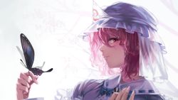 Rule 34 | 1girl, backlighting, bad id, bad pixiv id, blue dress, blush, bug, butterfly, butterfly on hand, dress, geppewi, hat, insect, light smile, looking at viewer, pink eyes, pink hair, portrait, profile, revision, saigyouji yuyuko, short hair, smile, solo, touhou, triangular headpiece, upper body, veil