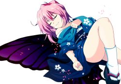 Rule 34 | 1girl, bad id, bad pixiv id, bare shoulders, butterfly wings, cherry blossoms, clog sandals, closed eyes, female focus, insect wings, japanese clothes, kotomuke fuurin, legs, lying, no headwear, no panties, obi, off shoulder, okobo, on back, petals, pink hair, saigyouji yuyuko, sandals, sash, short hair, solo, tabi, touhou, white legwear, wings