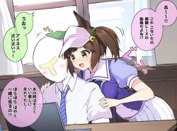 Rule 34 | 1boy, 1girl, animal ears, blush, breasts, breasts on another&#039;s back, brown hair, chair, commentary, computer, curtains, freckles, from behind, green eyes, hair ornament, highres, horse ears, horse girl, ines fujin (umamusume), kokora (kokorahen), laptop, large breasts, open mouth, school uniform, t-head trainer, table, tracen school uniform, trainer (umamusume), translated, umamusume, visor cap, window