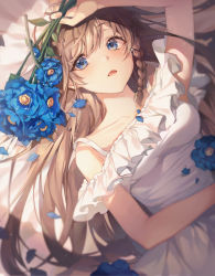 Rule 34 | 1girl, arm up, bare shoulders, blue eyes, blue flower, braid, breasts, brown hair, collarbone, dress, flower, hair ornament, hand on forehead, holding, holding flower, long hair, looking at viewer, lying, medium breasts, on back, open mouth, original, petals, single bare shoulder, single braid, solo, ttosom, upper body, water drop, white dress