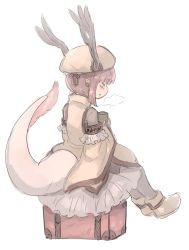 Rule 34 | 1girl, antlers, antlers through headwear, bad id, bad twitter id, blush, box, brown pantyhose, closed eyes, cup, detached sleeves, dragon horns, dragon tail, from behind, full body, highres, holding, horns, long sleeves, meiyui (tsukiori), mug, on box, original, pantyhose, parted lips, pointy ears, shoes, short hair, simple background, sitting, solo, suitcase, tail, tsukiori, white background, wide sleeves, yellow footwear