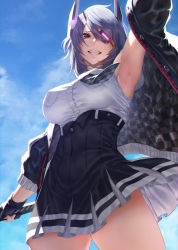 Rule 34 | 1girl, arm up, armpits, black gloves, blue sky, breasts, checkered clothes, checkered clothes, checkered neckwear, cloud, covered erect nipples, cowboy shot, day, eyepatch, gloves, grin, headgear, highres, holding, holding sword, holding weapon, kantai collection, large breasts, mugetsu2501, necktie, off-shoulder sweater, off shoulder, partially fingerless gloves, purple hair, school uniform, short hair, sky, smile, sweater, sword, teeth, tenryuu (kancolle), weapon, yellow eyes