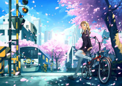 Rule 34 | 1girl, bicycle, blonde hair, cherry blossoms, katou akatsuki, original, railroad crossing, school uniform, serafuku, skirt, smile, solo, thighhighs, train, zettai ryouiki