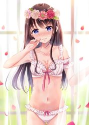 Rule 34 | 1girl, arm garter, arm up, armpits, blue eyes, blush, bow, bow bra, bow panties, bra, breasts, brown hair, cleavage, collarbone, cowboy shot, curtains, flower wreath, frilled bra, frilled panties, frills, head tilt, head wreath, indoors, long hair, looking at viewer, nail polish, navel, nose blush, original, panties, pink bow, pink nails, sakura hiyori, shiny skin, small breasts, solo, standing, stomach, straight hair, thigh gap, transparent, underwear, underwear only, very long hair, white bra, window