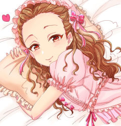 Rule 34 | 1girl, bow, brown eyes, brown hair, dress, frilled dress, frills, heart, highres, idolmaster, idolmaster cinderella girls, indoors, long hair, looking at viewer, lying, mariabowl, on bed, on side, pillow, pink bow, pink dress, puffy short sleeves, puffy sleeves, seki hiromi, short sleeves, solo, upper body, wavy hair