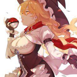 Rule 34 | 1girl, black gloves, black hat, black skirt, black vest, blonde hair, blue bow, blue ribbon, blush, bow, braid, breasts, center frills, cleavage, cleavage cutout, clothing cutout, commentary request, cookie (touhou), creatures (company), frilled hat, frilled sleeves, frills, game freak, gloves, hair between eyes, hair bow, hat, holding, holding poke ball, jiyu (jiyusi), juliet sleeves, kirisame marisa, large breasts, long hair, long sleeves, looking at viewer, looking to the side, mars (cookie), nintendo, open mouth, partially fingerless gloves, poke ball, pokemon, puffy sleeves, red scarf, ribbon, scarf, shirt, side braid, simple background, single braid, skirt, solo, tongue, tongue out, touhou, upper body, vest, white background, white shirt, witch hat, yellow eyes