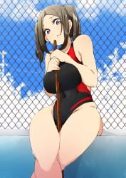 Rule 34 | 1girl, :&lt;, ass, bebebe (pepegakii), between breasts, between thighs, blue eyes, breasts, brown hair, chain-link fence, competition swimsuit, covered navel, curvy, fence, highres, huge breasts, crossed legs, looking at viewer, one-piece swimsuit, original, purple eyes, school swimsuit, sitting, solo, swimsuit, thick thighs, thighs, twintails, wet, wide hips