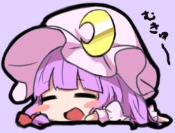 Rule 34 | 1girl, :d, = =, blunt bangs, blush stickers, chibi, commentary request, crescent, crescent pin, dress, fukutchi, full body, hat, lying, mob cap, on stomach, open mouth, patchouli knowledge, purple background, purple dress, purple hair, simple background, smile, solo, touhou, translation request