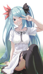 Rule 34 | 1girl, aqua eyes, aqua hair, arm support, black flower, black ribbon, black thighhighs, blue hair, blush, collarbone, colored eyelashes, commentary, dress, english commentary, flower, green eyes, grin, hair flower, hair ornament, hatsune miku, highres, long hair, looking at viewer, neck ribbon, one eye closed, ribbon, short dress, short sleeves, simple background, sitting, smile, solo, supreme (module), thighhighs, twintails, v over eye, very long hair, vocaloid, white background, white dress, world is mine (vocaloid), yt9676, zettai ryouiki