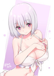 Rule 34 | 10s, 1girl, artist name, bikini, blush, breasts, cleavage, closed mouth, collarbone, commentary request, frilled bikini, frills, front-tie bikini top, front-tie top, gridman universe, highres, large breasts, leaning forward, light purple hair, looking at viewer, navel, pink eyes, shibi, shinjou akane, short hair, simple background, smile, solo, ssss.gridman, stomach, swimsuit, upper body