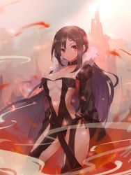 Rule 34 | 1girl, bare shoulders, black collar, black dress, black hair, black jacket, bow, breasts, center opening, collar, yu mei-ren (fate), contrapposto, dress, fate/grand order, fate (series), fur-trimmed jacket, fur trim, jacket, long hair, long sleeves, looking at viewer, medium breasts, nejikyuu, red eyes, revealing clothes, solo, strapless, strapless dress, very long hair