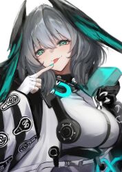 Rule 34 | 1girl, absurdres, aqua eyes, aqua nails, arknights, blush, breasts, commentary request, dress, finger to tongue, fingerless gloves, fingernails, gloves, green hair, grey hair, head wings, highres, ho&#039;olheyak (arknights), large breasts, long sleeves, looking at viewer, nail polish, nekomatamago, short hair, simple background, solo, tongue, tongue out, white background, white dress, white gloves, wings