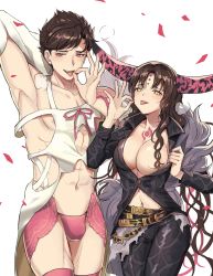 Rule 34 | 1boy, 1girl, armpits, belial (granblue fantasy), belial (granblue fantasy) (cosplay), black shirt, blush, breasts, brown hair, bulge, cleavage, cosplay, costume switch, crossdressing, facial mark, fate/extra, fate/extra ccc, fate/grand order, fate (series), feather boa, forehead mark, granblue fantasy, habit, highres, horn ornament, horn ring, horns, large breasts, lingerie, pectorals, petals, pink thighhighs, red eyes, sessyoin kiara, sesshouin kiara (cosplay), shirt, thighhighs, tongue, tongue out, trait connection, underwear, uuruung, veil