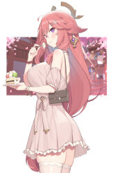 Rule 34 | 1girl, :3, absurdres, alternate costume, animal ears, ass, bag, breasts, cake, cake slice, cherry blossoms, cherry hair ornament, cloba, closed mouth, dango, detached sleeves, dress, eating, food, food-themed hair ornament, food on face, fork, fox ears, frilled dress, frills, from side, genshin impact, gold bracelet, hair ornament, hairclip, handbag, highres, holding, holding fork, large breasts, mitarashi dango, pink dress, pink hair, purple eyes, solo, thighhighs, thighs, wagashi, watch, white thighhighs, wristwatch, yae miko, zettai ryouiki