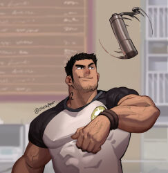 Rule 34 | 1boy, bara, barista, beard stubble, black hair, cafe, coffee maker, covered abs, covered nipples, employee uniform, head tilt, highres, huge eyebrows, large hands, large pectorals, lucas lee, male focus, menu board, midair, muscular, muscular male, pectorals, scott pilgrim takes off, shirt, short hair, short sleeves, smear frame, smile, solo, speed lines, suck-nis, t-shirt, tattoo, thick neck, tight clothes, tight shirt, uniform, upper body, veins, veiny arms, veiny hands