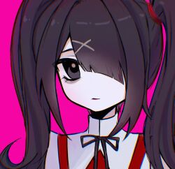 Rule 34 | 1girl, ame-chan (needy girl overdose), bags under eyes, black eyes, black hair, black ribbon, closed mouth, collared shirt, commentary, english commentary, hair ornament, hair over one eye, highres, jiaonang, long hair, looking at viewer, neck ribbon, needy girl overdose, pink background, portrait, red shirt, ribbon, shirt, simple background, solo, twintails, x hair ornament