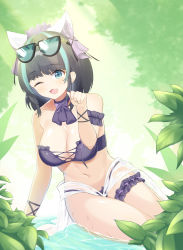 Rule 34 | 1girl, ;3, ;d, animal ear fluff, animal ears, arm support, azur lane, bare shoulders, bikini, black-framed eyewear, black bikini, black hair, blush, breasts, cat ears, cheshire (azur lane), cleavage, commentary request, eyewear on head, fang, flower, frilled bikini, frills, green-tinted eyewear, green eyes, green hair, hair flower, hair ornament, hair ribbon, hand up, highres, bridal garter, medium breasts, multicolored hair, navel, one eye closed, open mouth, paw pose, purple flower, purple rise, ribbon, roido (taniko-t-1218), shallow water, smile, solo, streaked hair, sunglasses, swimsuit, tinted eyewear, transparent, water
