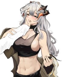 Rule 34 | 1girl, 1other, absurdres, arknights, bare shoulders, black shirt, breasts, cleavage, commentary request, crop top, grey hair, highres, horns, large breasts, layton (sanlayton), long hair, midriff, navel, off shoulder, parted lips, saria (arknights), shirt, simple background, sleeveless, sleeveless shirt, solo focus, stomach, upper body, very long hair, white background