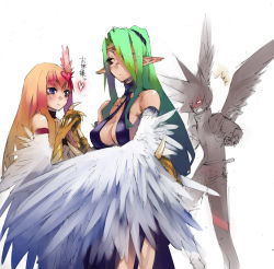 Rule 34 | 1boy, 2girls, ^^^, bad id, bad pixiv id, bare shoulders, blonde hair, blue eyes, breasts, cleavage, crossed arms, duel monster, feathered wings, feathers, green hair, hair ornament, hair over one eye, halterneck, harpie girl (yu-gi-oh!), harpie queen, harpy, harpy brother, heart, heart hair ornament, holding hands, ikuhana niiro, large breasts, long hair, mask, monster girl, multiple girls, pointy ears, ponytail, purple eyes, sky scout, sweatdrop, talons, winged arms, wings, yu-gi-oh!, yu-gi-oh! gx