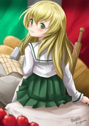 Rule 34 | 10s, 1girl, arm support, bag, black neckerchief, blonde hair, blouse, blurry, blurry background, blurry foreground, bottle, bread, carpaccio (girls und panzer), closed mouth, commentary request, food, from behind, girls und panzer, green eyes, green skirt, haruhata mutsuki, italian flag, light smile, long hair, long sleeves, looking at viewer, looking back, miniskirt, neckerchief, ooarai school uniform, pantyhose, pleated skirt, rolling pin, school uniform, serafuku, shirt, sitting, skirt, solo, tomato, white pantyhose, white shirt
