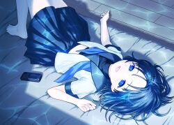 Rule 34 | 1girl, absurdres, barefoot, black sailor collar, black skirt, black undershirt, blue eyes, blue hair, blue neckerchief, caustics, cellphone, commentary request, flip phone, foot out of frame, from above, hair spread out, half-closed eyes, highres, ily., light blush, looking at viewer, looking up, lying, medium hair, midriff peek, narume, neckerchief, on back, on bed, open clothes, open shirt, phone, pixel art, pleated skirt, sailor collar, school uniform, serafuku, shirt, short sleeves, skirt, smile, solo, turtleneck, undone neckerchief, white shirt, wooden floor, yurizawa airi