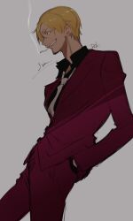 Rule 34 | 1boy, black shirt, blonde hair, cigarette, collared shirt, commentary, cowboy shot, curly eyebrows, facial hair, formal, goatee, hand in pocket, highres, male focus, necktie, one piece, profile, rokurnshu003, sanji (one piece), shirt, short hair, signature, solo, suit