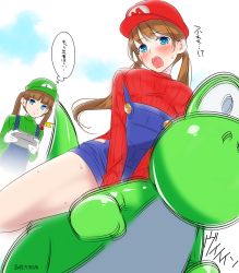 Rule 34 | 2015, 2girls, ama mitsuki, artist name, blouse, blue eyes, blue overalls, blush, brown hair, controller, dated, genderswap, genderswap (mtf), gloves, green hat, green shirt, hat, long hair, luigi, mario, mario (series), multiple girls, nintendo, open mouth, overalls, remote control, remote control vibrator, ribbed sweater, riding, riding machine, saliva, saliva trail, sex toy, shirt, signature, sweat, sweater, teeth, turtleneck, twintails, vibrator, white gloves, wireless sex toy controller, yoshi