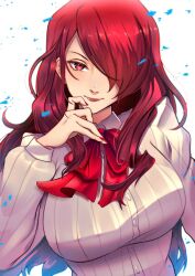 Rule 34 | 1girl, bow, breasts, buttons, closed mouth, commentary, english commentary, eyelashes, hair over one eye, kirijou mitsuru, long hair, looking at viewer, persona, persona 3, pixie (pixieinktvis), puffy sleeves, red bow, red hair, red lips, smile, solo, upper body, white background