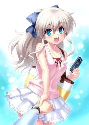 Rule 34 | 10s, 1girl, :d, bag, blue eyes, blush, casual, cellphone, charlotte (anime), collarbone, dragging, gradient background, hair ribbon, holding, holding hands, long hair, open mouth, phone, ponytail, pov, pov hands, ribbon, shirt, silver hair, skirt, sleeveless, sleeveless shirt, smile, solo focus, tomori nao, watch, wristwatch, zen