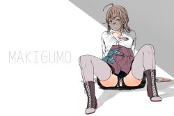 Rule 34 | 1girl, bad id, bad twitter id, blue panties, bow, bowtie, unworn bowtie, braid, breasts, character name, commentary request, crown braid, full body, grey thighhighs, highres, kantai collection, long hair, long sleeves, looking at viewer, makigumo (kancolle), makigumo kai ni (kancolle), panties, pink hair, pleated skirt, purple skirt, rabbit, seamed legwear, shirt, side-seamed legwear, sitting, skirt, small breasts, spread legs, tamaki., thighhighs, twintails, underwear, white shirt