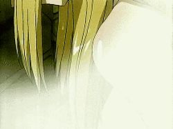 Rule 34 | 00s, 1girl, animated, animated gif, blonde hair, breast hold, breasts, covering privates, covering breasts, large breasts, long hair, lowres, nude, nude cover, sawachika eri, school rumble, screencap, solo, yellow eyes