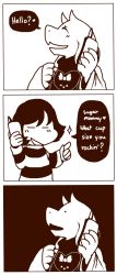 Rule 34 | 1girl, 3koma, = =, androgynous, cellphone, comic, dot pupils, english text, flirting, frisk (undertale), furry, furry female, heart, highres, mamaito, monochrome, monster girl, phone, shirt, simple background, smile, sparkle, striped clothes, striped shirt, toriel, undertale