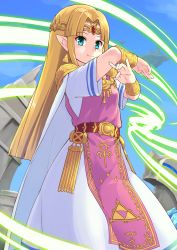 Rule 34 | 1girl, blonde hair, blue eyes, blue sky, blunt bangs, bracelet, closed mouth, cloud, commentary request, day, dress, earrings, fingernails, floating island, headpiece, highres, jewelry, long hair, looking at viewer, magic, nintendo, outdoors, parted bangs, pelvic curtain, pointy ears, princess zelda, short sleeves, sky, smile, solo, super smash bros., the legend of zelda, the legend of zelda: a link between worlds, triforce, tsunaso (lack of sunlight), very long hair, white dress