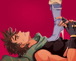 Rule 34 | 1boy, bare shoulders, battle tendency, boots, brown hair, caesar anthonio zeppeli, clothing cutout, fingerless gloves, gloves, green eyes, green scarf, high heel boots, high heels, jojo no kimyou na bouken, joseph joestar, joseph joestar (young), lying, male focus, on back, red background, scarf, stepped on, striped clothes, striped scarf, sweat, vertical-striped clothes, vertical-striped scarf, zhoujo51