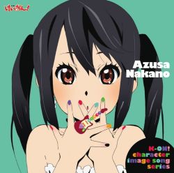 Rule 34 | 00s, 1girl, album cover, black hair, brown eyes, character single, cover, female focus, k-on!, multicolored nails, mustang (guitar), nail polish, nakano azusa, official art, solo, twintails