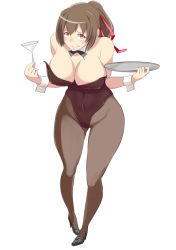 Rule 34 | 10s, 1girl, bifidus, bow, bowtie, breasts, brown eyes, brown hair, playboy bunny, cup, detached collar, drinking glass, full body, ise (kancolle), kantai collection, large breasts, leotard, pantyhose, ponytail, short hair, tray, wine glass, wrist cuffs