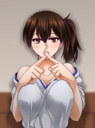 Rule 34 | 1girl, absurdres, akito (sub707), breasts, brown eyes, brown hair, cleavage, crossed fingers, highres, japanese clothes, kaga (kancolle), kantai collection, kimono, large breasts, long hair, looking at viewer, off shoulder, side ponytail, smile, solo, upper body, x fingers