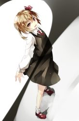 Rule 34 | 1girl, arched back, black dress, blonde hair, dress, gorilla (bun0615), hair ribbon, highres, long sleeves, mary janes, open mouth, red eyes, ribbon, rumia, shirt, shoes, short hair, smile, solo, touhou