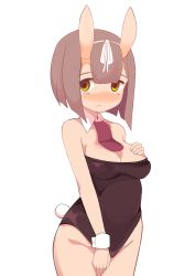 Rule 34 | 1girl, absurdres, bad id, bad twitter id, bare shoulders, blush, breasts, brown eyes, brown hair, brown leotard, cleavage, closed mouth, collar, commentary, cowboy shot, detached collar, hair between eyes, highleg, highleg leotard, highres, horns, leotard, medium breasts, oni, oni horns, original, rabbit tail, red neckwear, short hair, simple background, solo, strapless, strapless leotard, surio, symbol-only commentary, tail, white background, white collar, wing collar, wrist cuffs