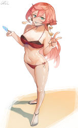 Rule 34 | 1girl, :p, aqua eyes, bandeau, bare arms, bare legs, bare shoulders, bikini, breasts, commentary, food, full body, gelldraws, genshin impact, hair between eyes, hands up, highres, holding, holding food, large breasts, long hair, looking at viewer, navel, no headwear, pink hair, popsicle, red bikini, sandals, side-tie bikini bottom, simple background, solo, standing, stomach, swimsuit, thighs, tongue, tongue out, v, very long hair, white background, yanfei (genshin impact)