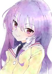 Rule 34 | 1girl, clannad, closed mouth, fujibayashi kyou, hair ribbon, hikarizaka private high school uniform, ixy, looking at viewer, purple eyes, purple hair, ribbon, sailor collar, school uniform, simple background, smile, solo, upper body, white background, white ribbon, white sailor collar