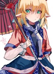 Rule 34 | 1girl, arm warmers, black shirt, blonde hair, brown shirt, closed mouth, commentary, cowboy shot, expressionless, flat chest, fushida, green eyes, half updo, highres, holding, holding umbrella, looking at viewer, medium bangs, medium hair, mizuhashi parsee, oil-paper umbrella, pointy ears, red umbrella, scarf, shirt, short sleeves, sidelocks, simple background, solo, touhou, umbrella, undershirt, white background, white scarf