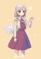 Rule 34 | 1girl, angel wings, arm up, belt, belt buckle, blush, brooch, buckle, closed mouth, commentary request, cropped legs, dress, grey hair, jewelry, kishin sagume, long sleeves, looking at viewer, neck ribbon, orange background, purple dress, red eyes, red ribbon, ribbon, short hair, simple background, single wing, solo, touhou, touya (konpekitou), wings