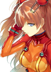 Rule 34 | 00s, 1girl, bad id, bad pixiv id, blue eyes, bodysuit, breasts, brown hair, cccpo, evangelion: 2.0 you can (not) advance, long hair, md5 mismatch, multicolored clothes, neon genesis evangelion, plugsuit, rebuild of evangelion, shiny clothes, simple background, small breasts, solo, souryuu asuka langley, test plugsuit, upper body, white background