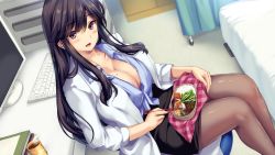 Rule 34 | 1girl, absurdres, amagi ryou, bed, black hair, blush, boku to joi no shinsatsu nisshi, breasts, brown eyes, chair, chopsticks, cleavage, coffee, computer, cup, eating, female focus, food, from above, game cg, highres, holding, holding chopsticks, indoors, keyboard (computer), lab coat, legs, light blush, long hair, looking at viewer, mole, mole on breast, monety, monitor, mug, open mouth, original, pantyhose, rice, sitting, skirt, smile, solo, table, thighs