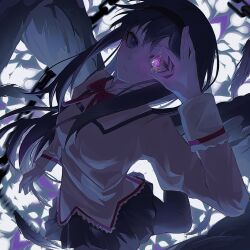 Rule 34 | 1girl, abstract background, akemi homura, black hair, black hairband, black pantyhose, black skirt, blue eyes, bow, bowtie, chain, chinese commentary, commentary request, expressionless, falling feathers, feathers, feet out of frame, from above, gem, hairband, highres, holding, holding gem, jacket, linye-chablis ban, long hair, long sleeves, looking at viewer, mahou shoujo madoka magica, mahou shoujo madoka magica (anime), mitakihara school uniform, one eye covered, pantyhose, red bow, red bowtie, school uniform, skirt, solo, soul gem, yellow jacket